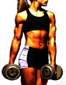 Female body builder with weights in each hand