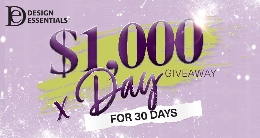 $1,000 x Day giveaway for 30 days, purple and yellow text on a sparkling background.