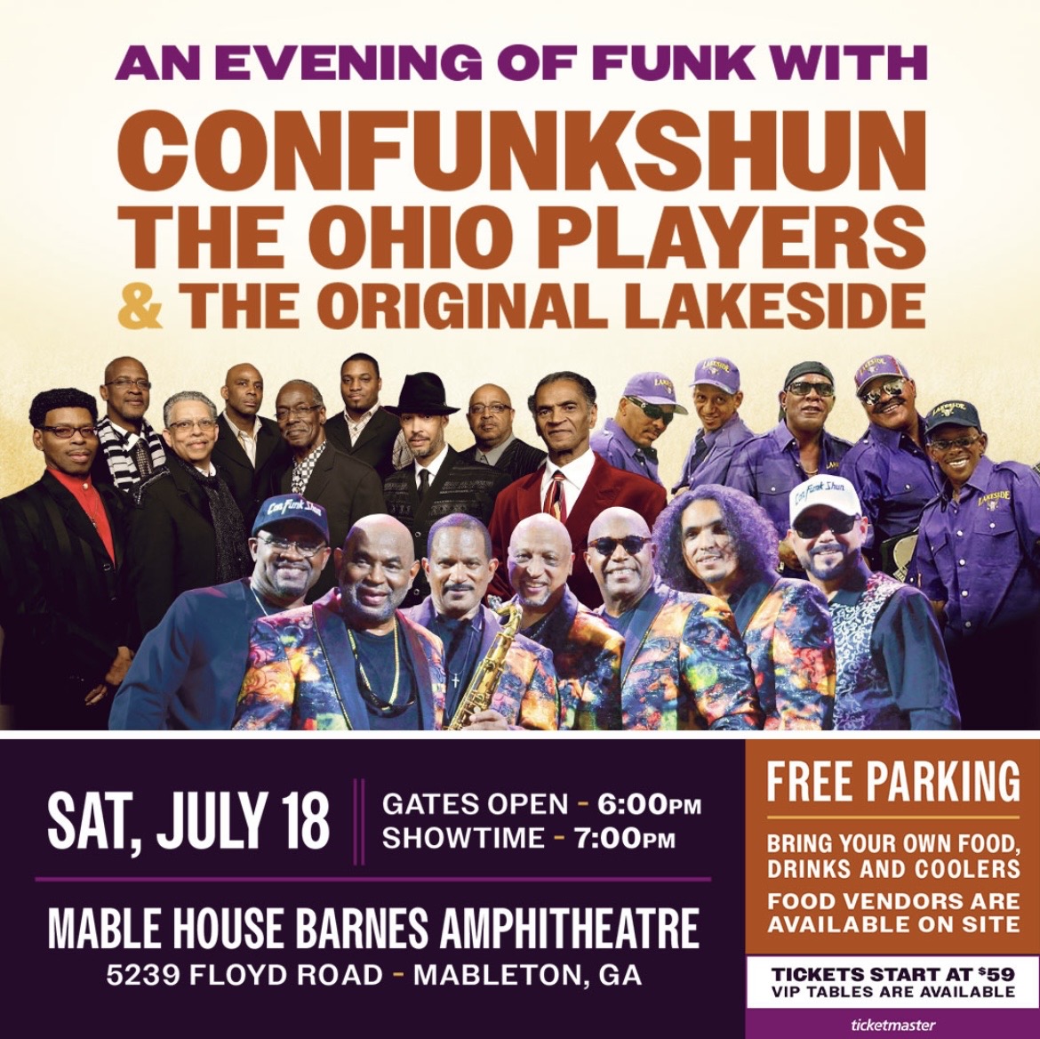 An evening of funk with Confunkshun, The Ohio Players, and The Original Lakeside at Mable House Barnes Amphitheatre in Mableton, GA on July 18.
