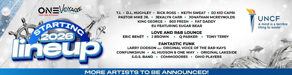 One Voyage music festival poster with lineup of artists including T.I., D.L. Hughley, Rick Ross, Keith Sweat, DJ Kid Capri, and more, starting in 2026.
