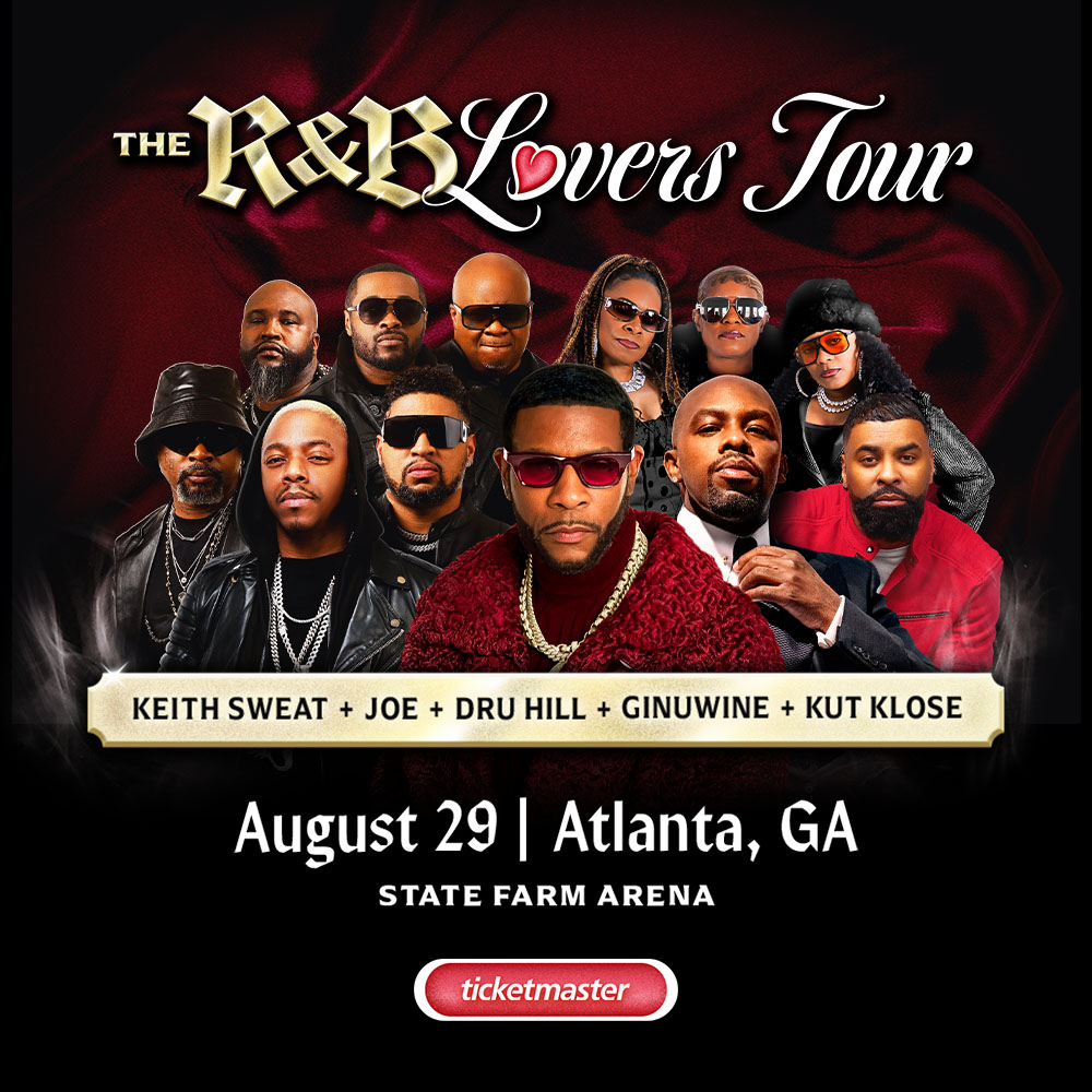 The R&B Lovers Tour poster featuring a group of musicians and performers, including Keith Sweat, Joe, Dru Hill, Ginuwine, and Kut Klose, performing at the State Farm Arena in Atlanta, GA on August 29.