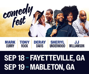 Comedy Fest poster featuring performers Mark Curry, Tony Rock, DeRay Davis, Sheryl Underwood, and William Shatner.