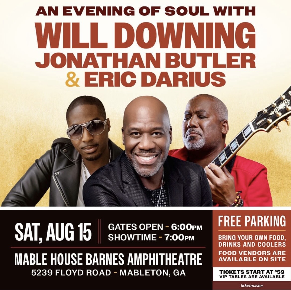 An evening of soul with Will Downing, Jonathan Butler, and Eric Darius performing at the Mable House Barnes Amphitheatre in Mableton, GA on August 15.