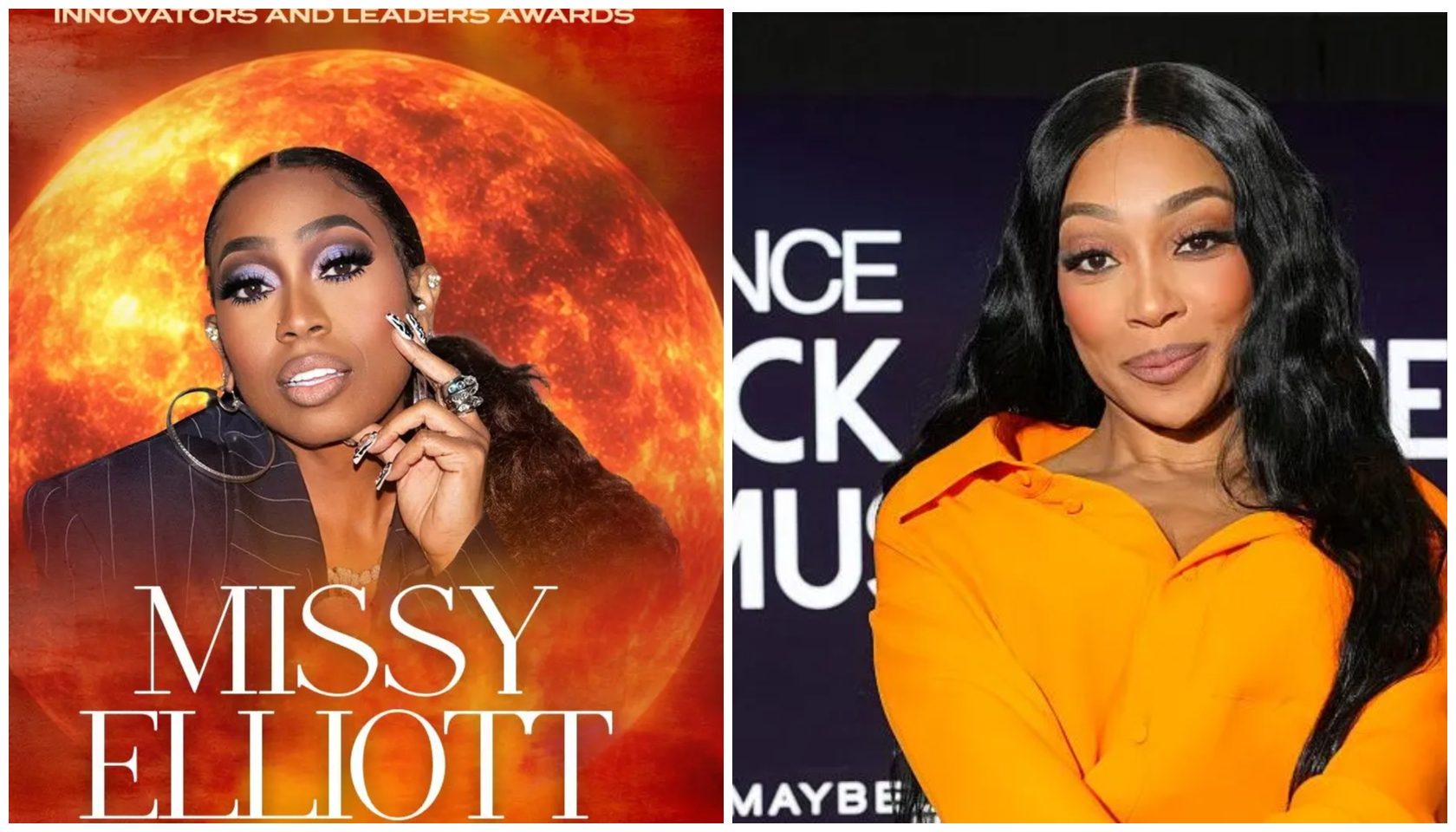 Two images of a woman with long dark hair wearing orange and black outfits, with dramatic makeup and jewelry.