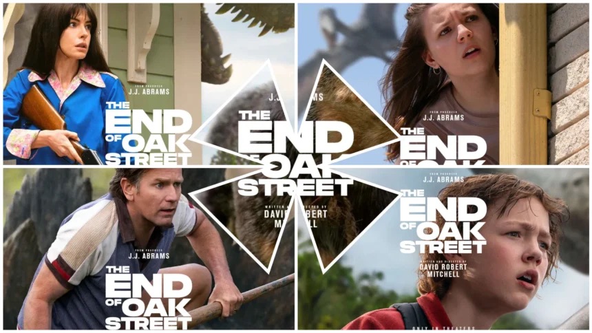 Collage of movie posters for "The End of Oak Street" featuring people in various poses and expressions.