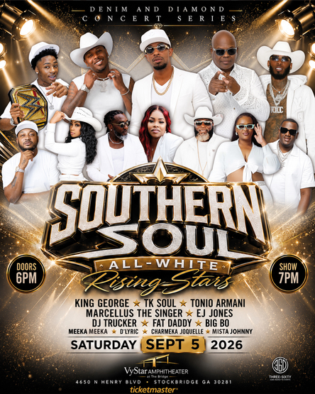 Poster for a "Southern Soul All-White Rising Stars" concert featuring various R&B and hip-hop artists performing on September 5, 2026.