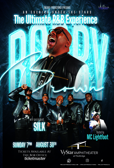 A concert poster for "The Ultimate R&B Experience" featuring a performer on stage and the event details.
