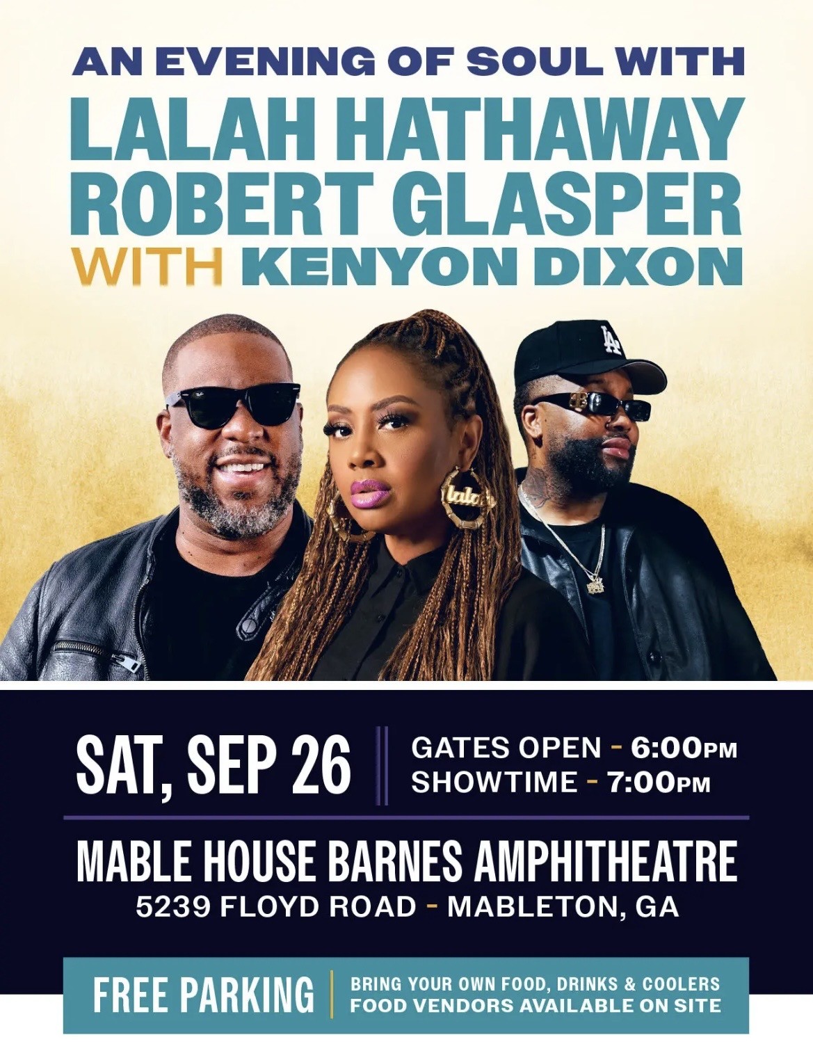 An evening of soul with Lalah Hathaway, Robert Glasper, and Kenyon Dixon performing at the Mable House Barnes Amphitheatre in Mableton, GA on September 26.