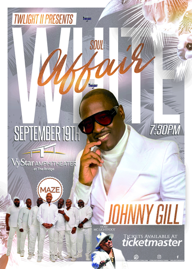 Promotional poster for a "Soul Affair" event featuring Johnny Gill, with the Maze band, on September 19th at the VyStar Amphitheater.