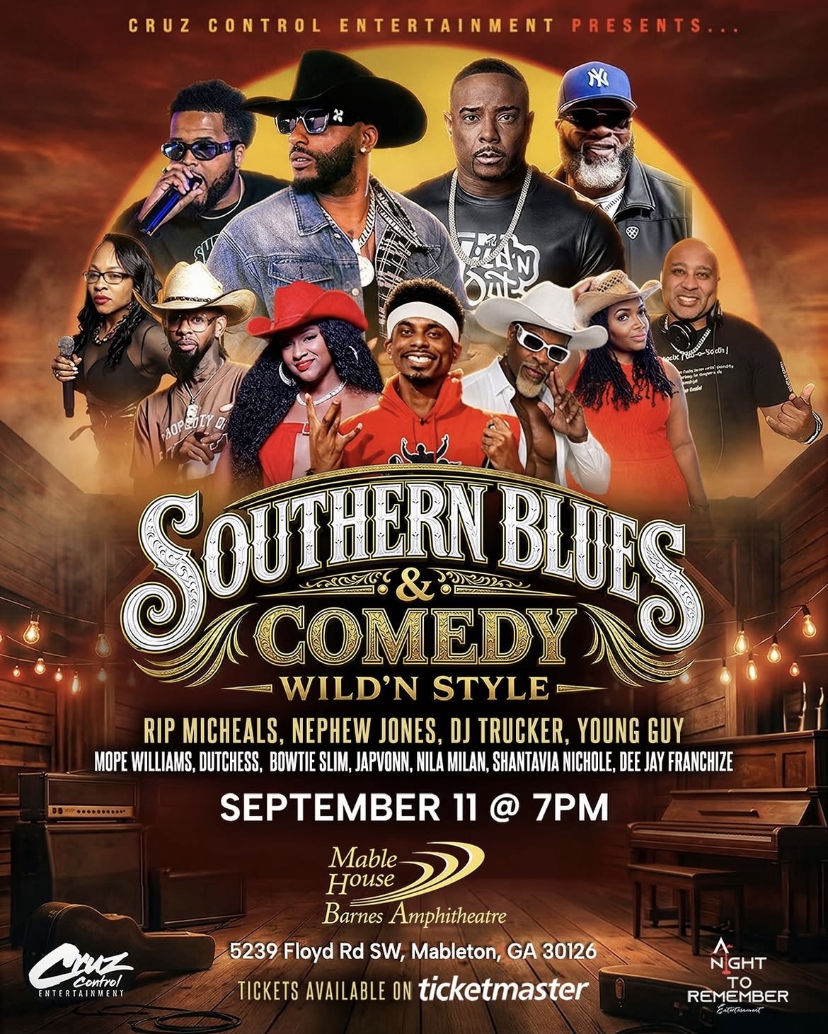A poster for a Southern blues and comedy show featuring various performers, including Rip Micheals, Nephew Jones, DJ Trucker, and Young Guy. The text announces the event on September 11 at Mable House Barnes Amphitheatre in Mableton, Georgia.